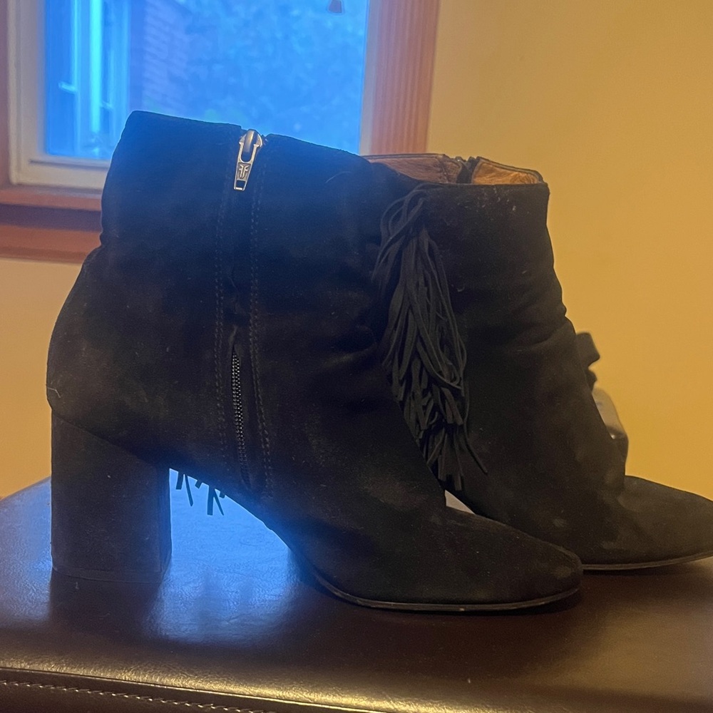 Black Suede Ankle Boots with Fringe